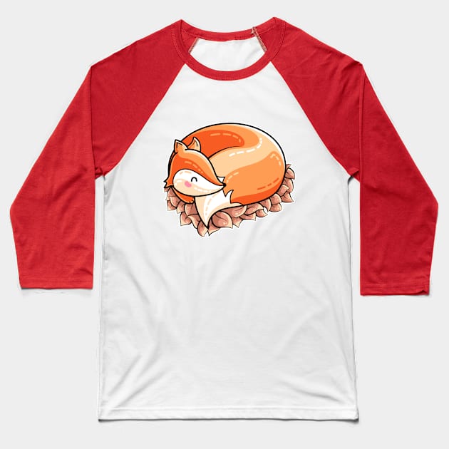 Kawaii Cute Fox Curled in Leaves Baseball T-Shirt by freeves